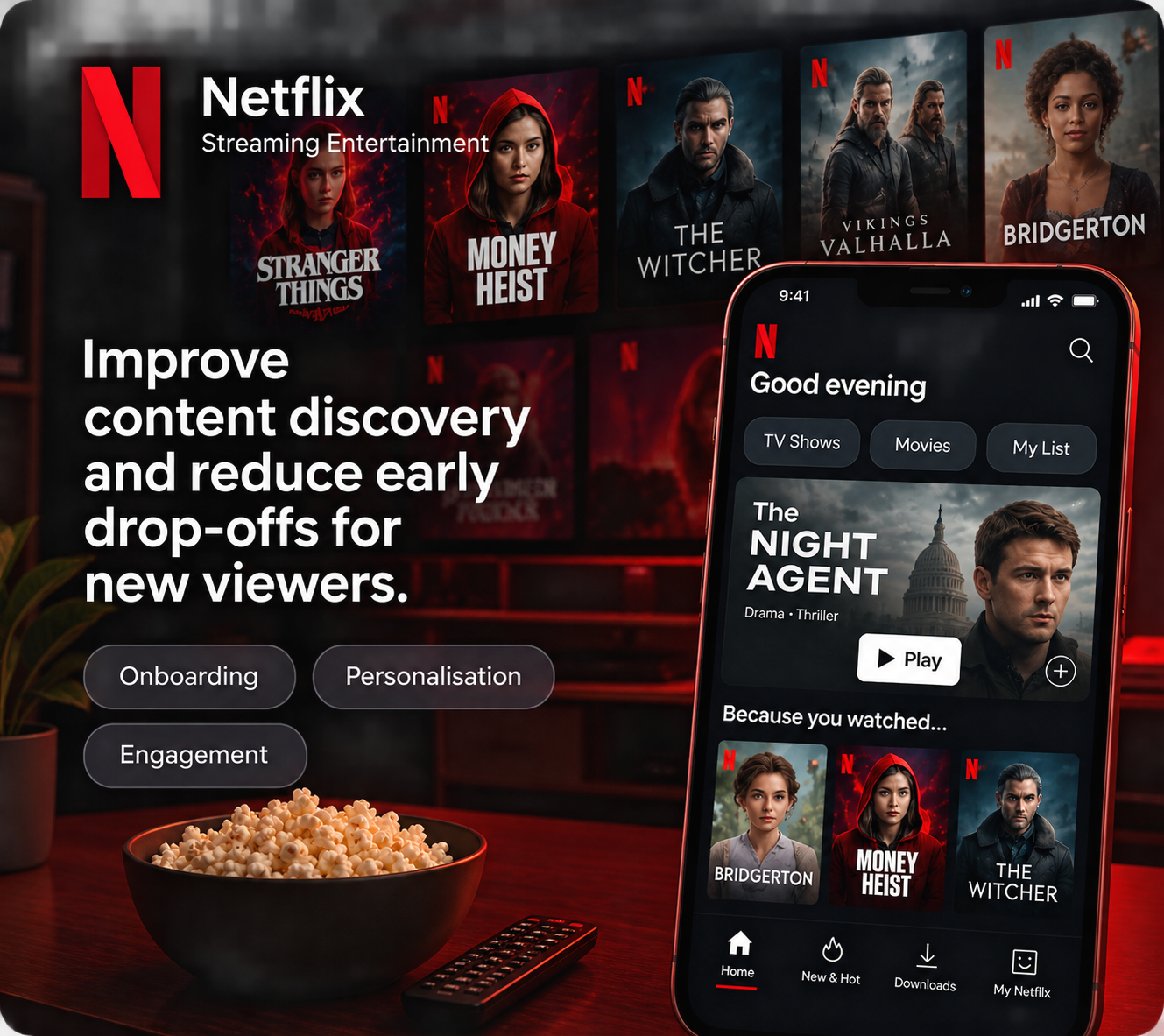 Netflix — Improve content discovery and reduce early drop-offs — designed and deployed live.