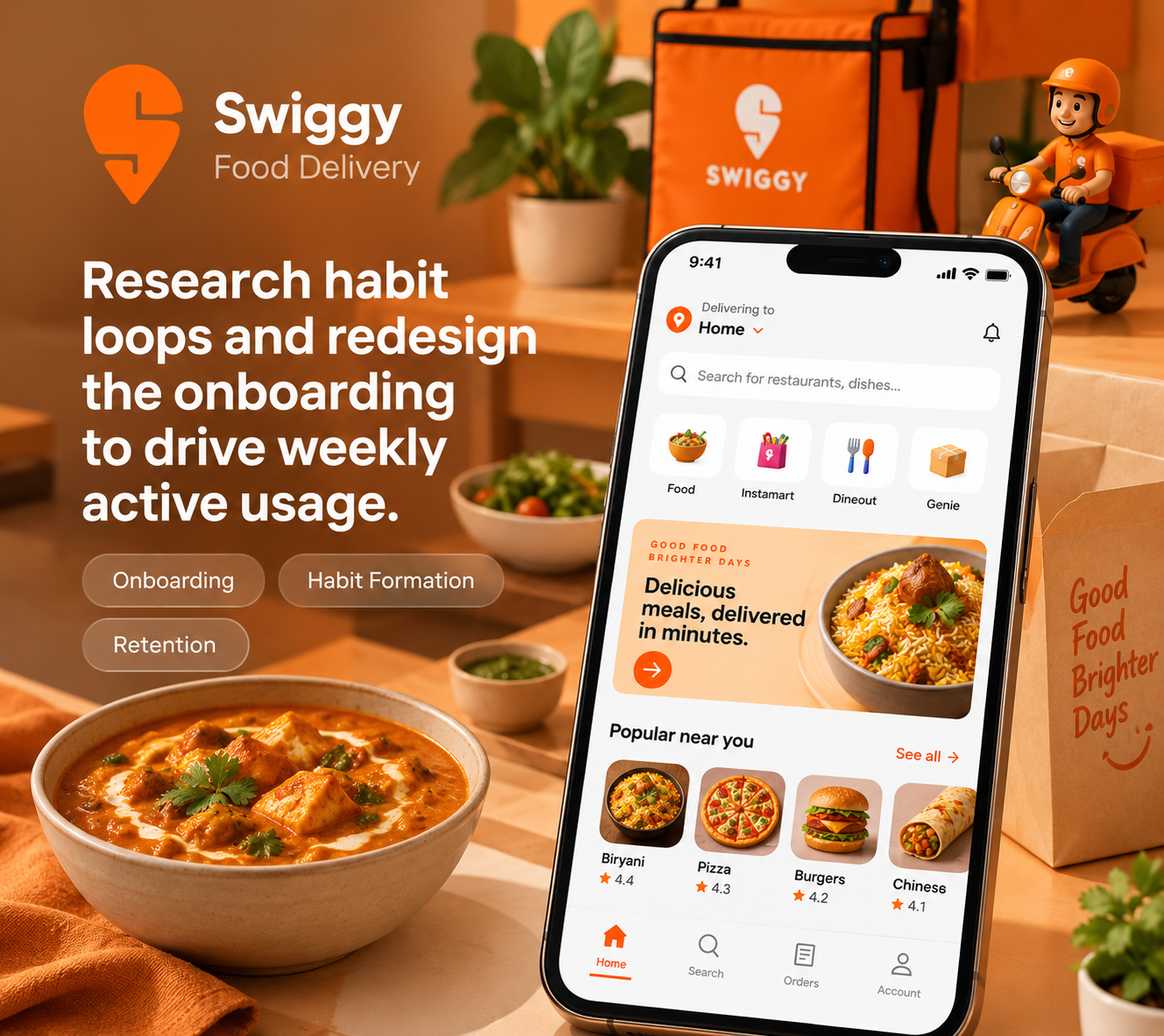 Swiggy — Redesign and ship the onboarding — from user research to a working front-end.